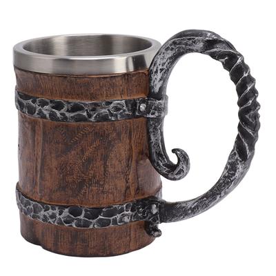 Viking Beer Mug with Handle 304 Stainless Steel Double Wall Wooden Imitation Medieval Tankard for