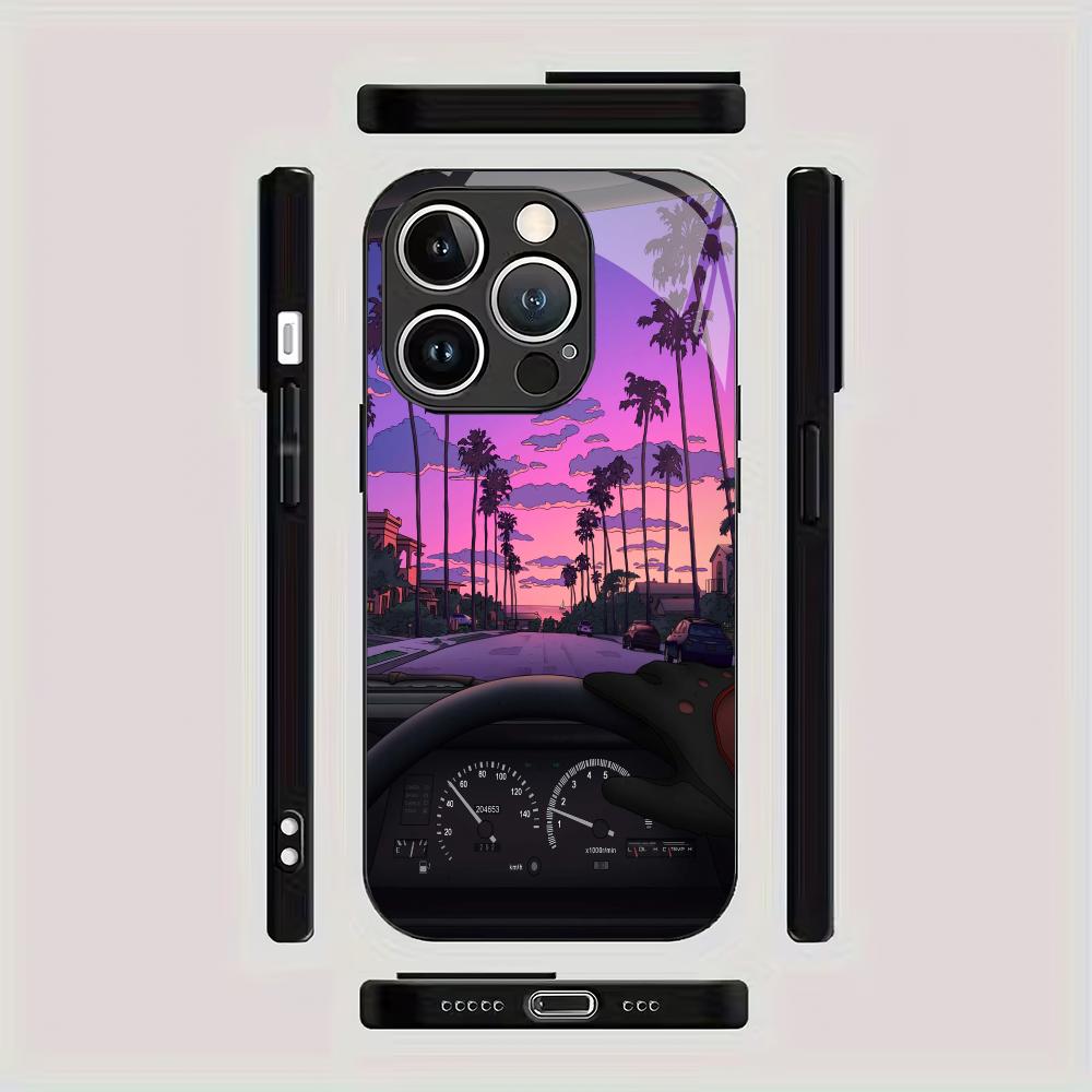 Highway sunset tempered glass phone case suitable for iPhone17 16 15 14 13 12 11Pro/Max/Plus anti drop and shockproof back cover