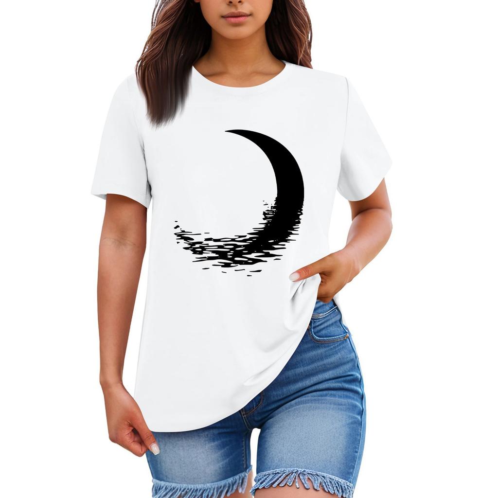 Ladies' Loose Comfortable Casual Fashionable  Moon Pattern Printed Round Neck Short Sleeved Shirt