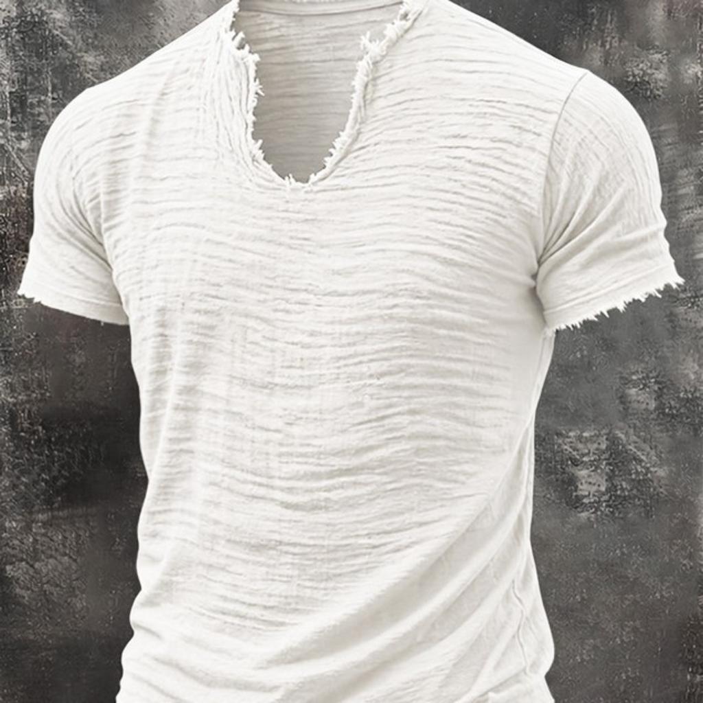 Summer, Solid Color, Men's T-shirt, Retro V-neck, Hairy Edge, Short Sleeve