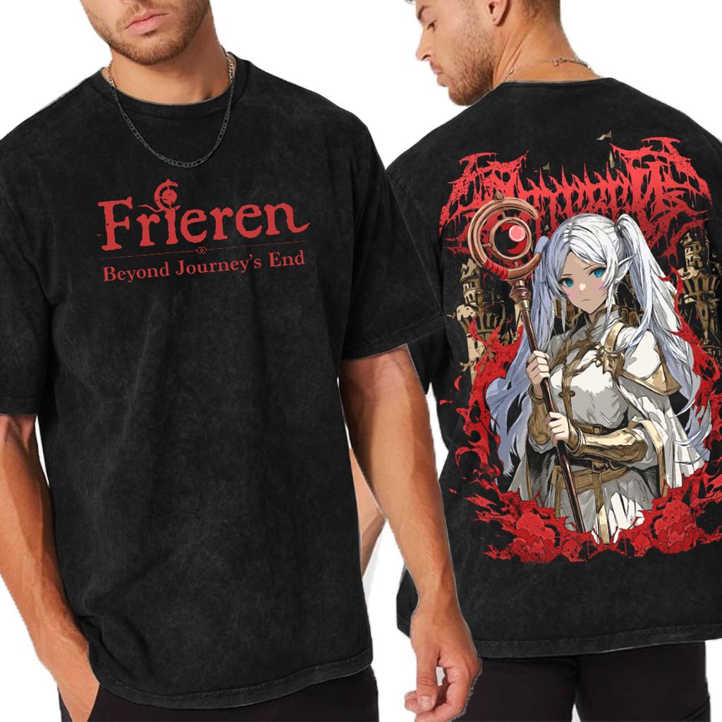 Frieren T-Shirt Herren Gewaschen Oversized Baumwolle Anime Lässig Kurzarm Bequem Weich Kleidung Locker Hohe Qualität Damen Herren T-Shirt