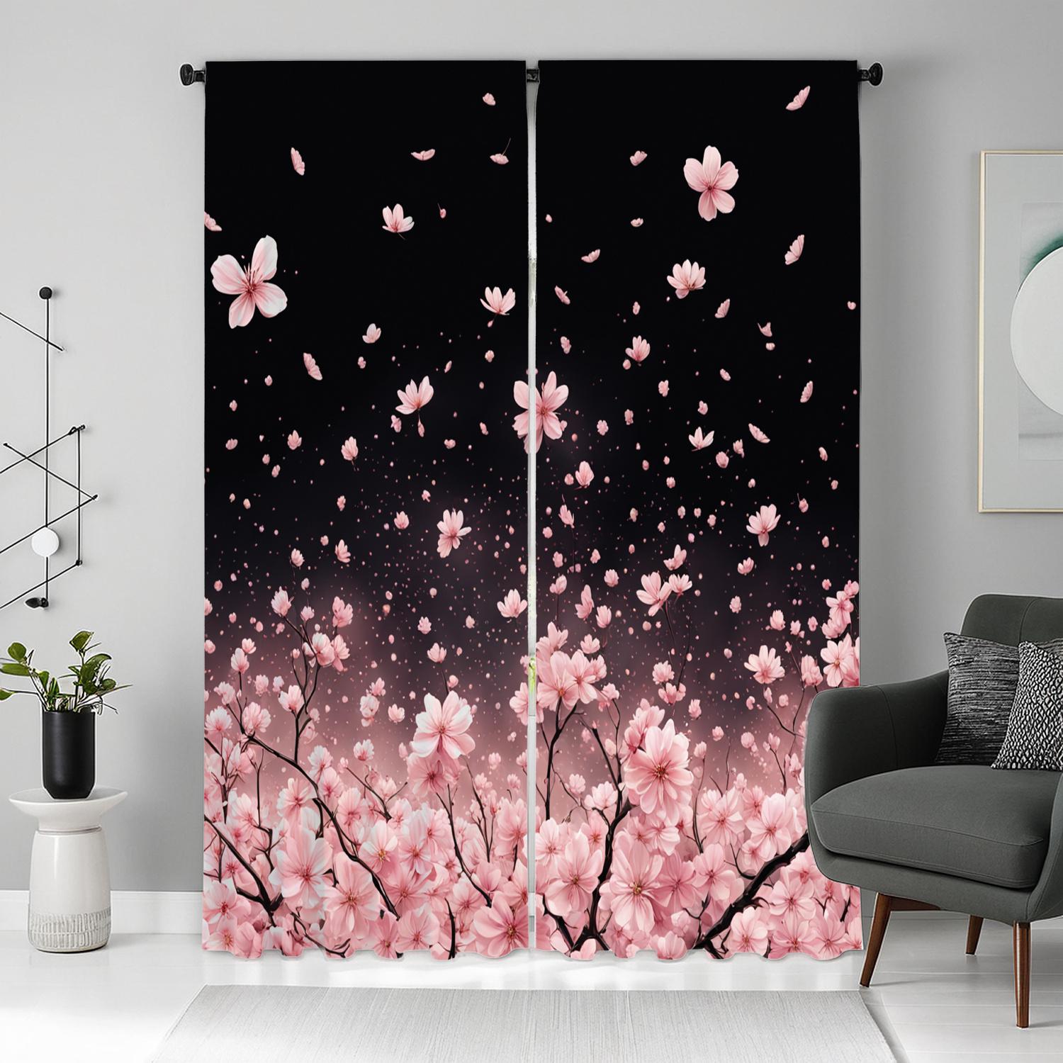 

Set Of 2 Black Pink Cherry Blossom Print Polyester Curtains Top Living Room Bedroom Home Decor Curtain Light Filtering With Rod Pocket Ideal For Area W100*H70(CM)-Hooks&1PCS