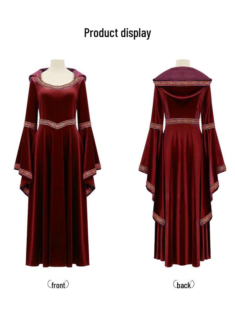 Medieval Renaissance Witch Cosplay Bell Sleeve Dress In Wine Red