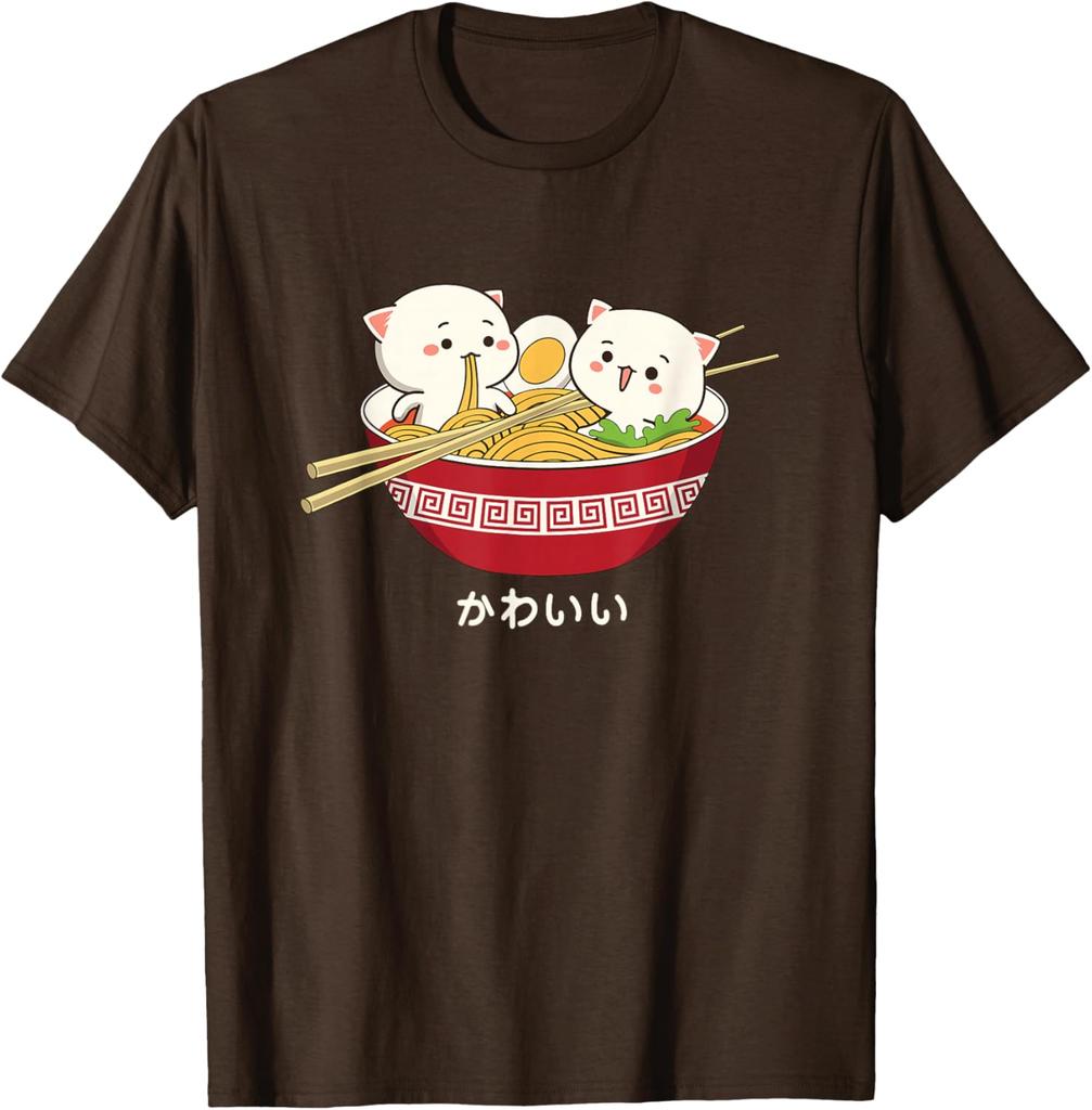 Kawaii Cat Ramen Eating Noodle Graphic Tee Cute Japanese Animal Lover Cotton T-Shirt For Unisex Teens