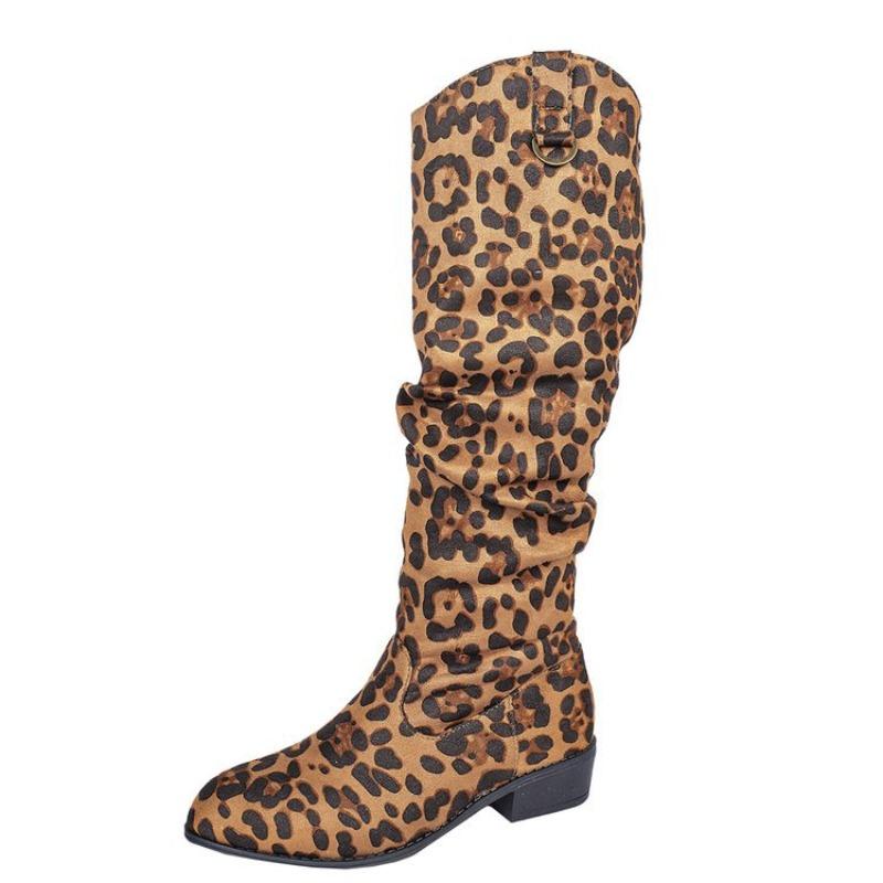 Damskie kozaki za kolano w panterkę/czarnej skórze na słupku - Jesień 2025 Nowość, Hurtownia