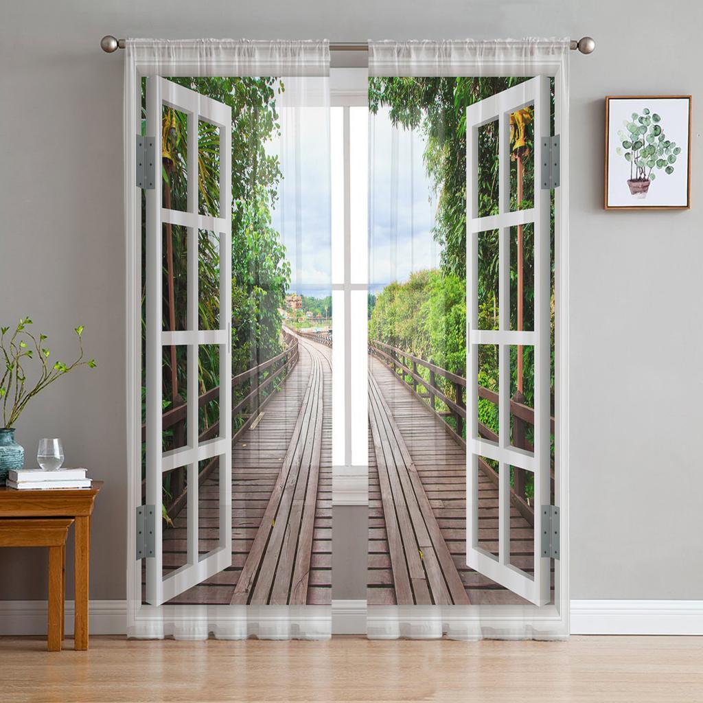 For Living Room Bedroom Space Decoration Chiffon Translucent Voile Kitchen Area Window Opening Drape Drapes - Sunrise Snow Footprints Tulle Curtains