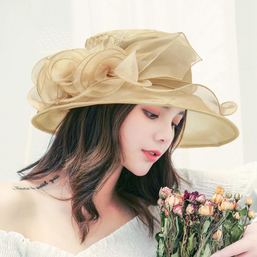Women's Vintage Organza Sun Hat with Mesh Flower Details