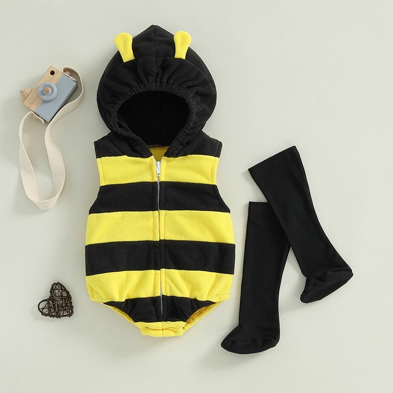 Children Clothing Yulin-001 Unisex Infant Baby Boys Girls Bee Costume Sleeveless Stripes Hooded Romper Jumpsuit Long Socks Set Infant Costume Newborn Outfit Cm