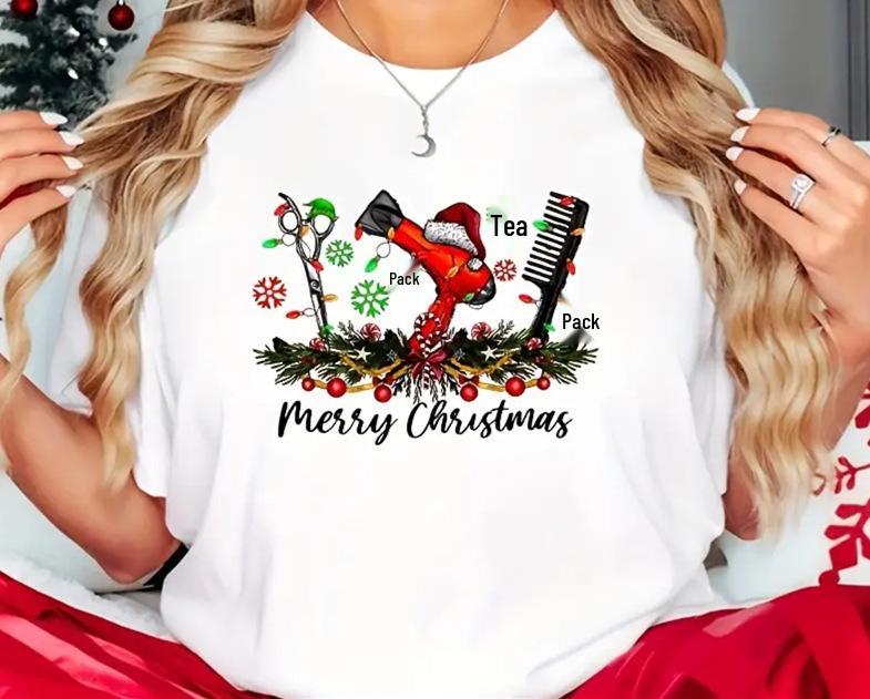 

Унисекс Большой размер Принт Счастливого Рождества Футболка с коротким рукавом и круглым вырезом Свободного кроя Large белый