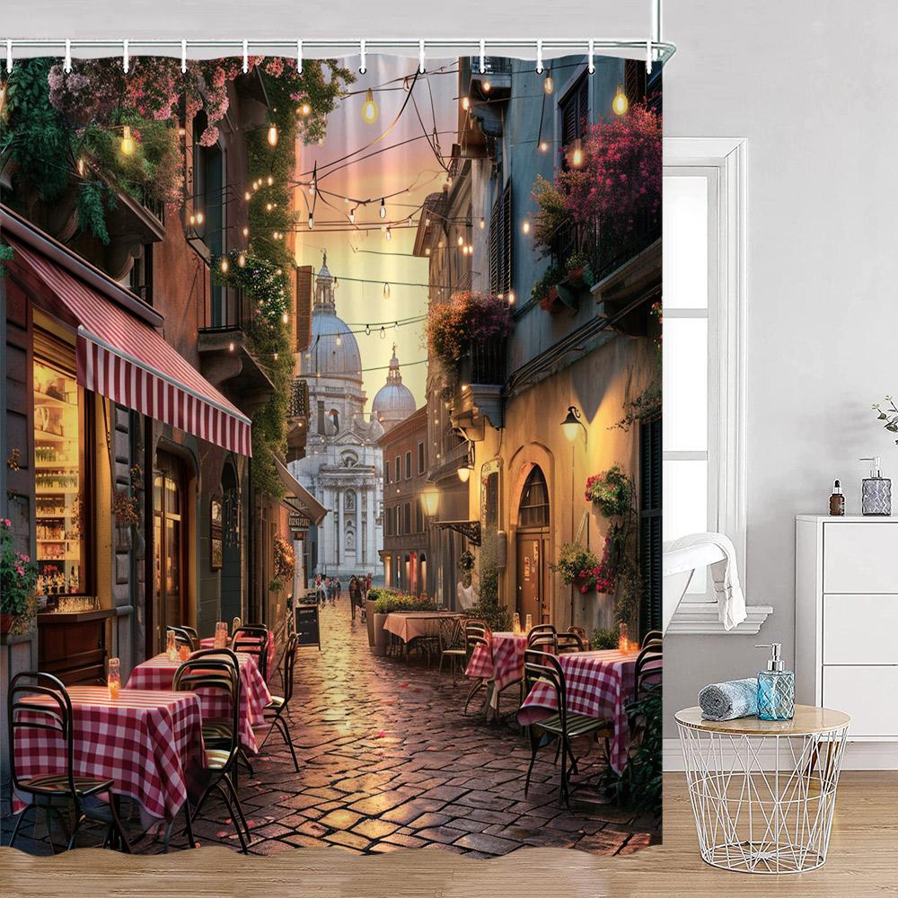Hand-painted Street View Shower Curtains European Garden Cafe Green Plants Flowers Greenery Bathroom Decor Modern Bath Curtain