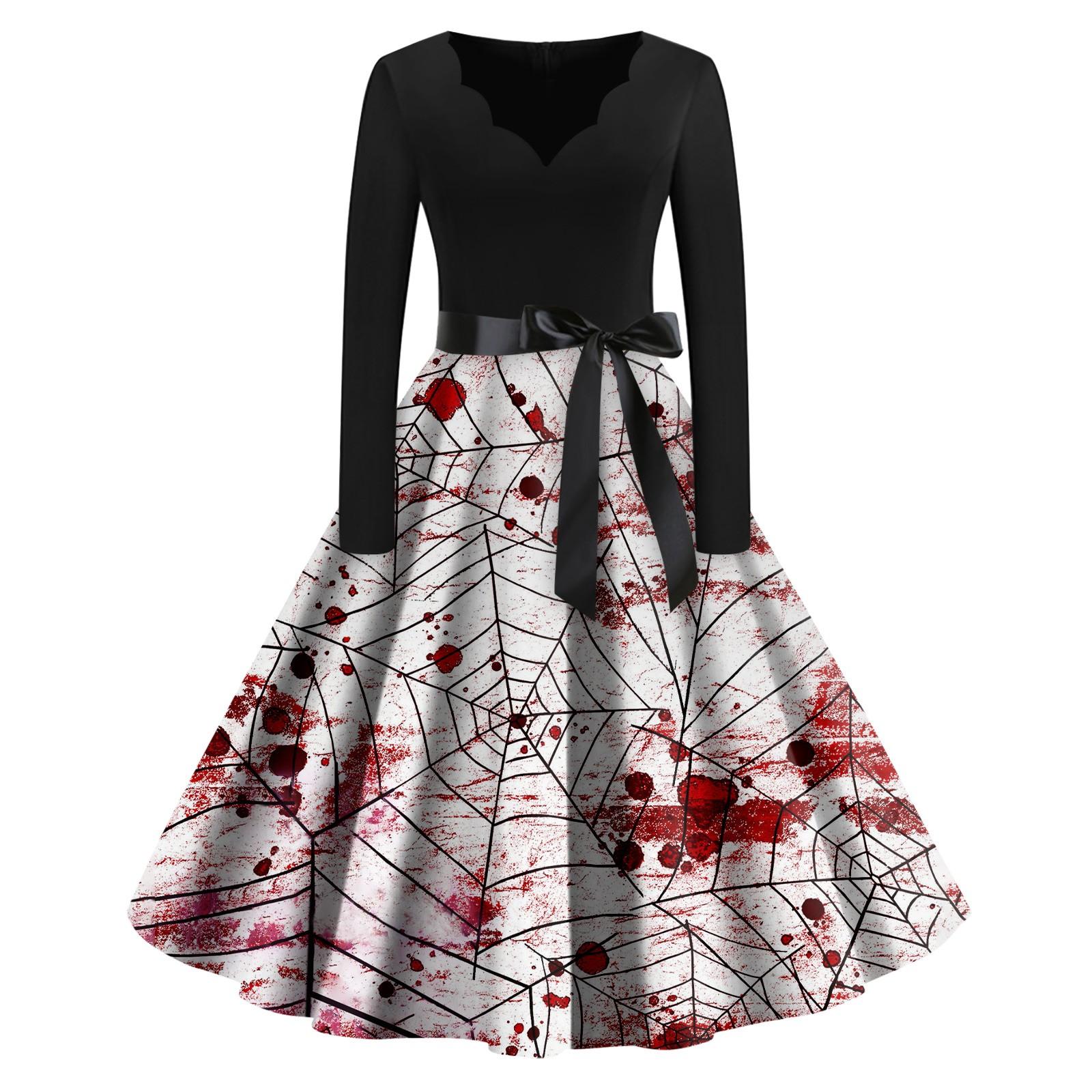 

Женское винтажное классическое платье с вырезом на талии и галстуком-бабочкой с длинными рукавами на Хэллоуин с принтом и V-образным вырезом, свободное платье S
