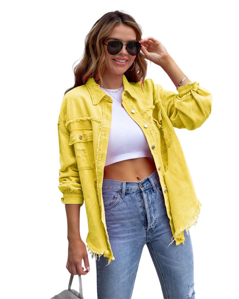 VAYLA Holes Raw-edges Denim Jacket Women Spring Autumn Shirt Style Jeancoat Casual Top Rose-Red Orange Purple Outerwear Lady Coat