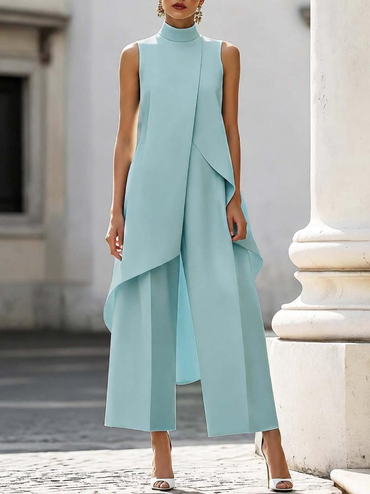 Damen ärmelloser Anzug mit hohem Kragen und weitem Bein, asymmetrischer Saum, lässig, locker sitzend, einfarbig, langes Hosen-Set