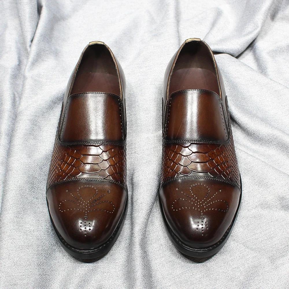 Fashion Classic Solid Cap Toe Men's Loafers Snake Print Genuine Leather Slip-On Shoes for Wedding Office Dress Casual Wear