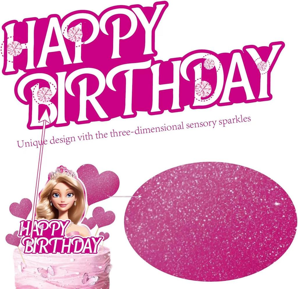 9Pcs Girl Cake Topper Set, Princess Cake Decoration Glitter Happy Birthday Cake Toppers Heart Party Supplies Favor Decorations