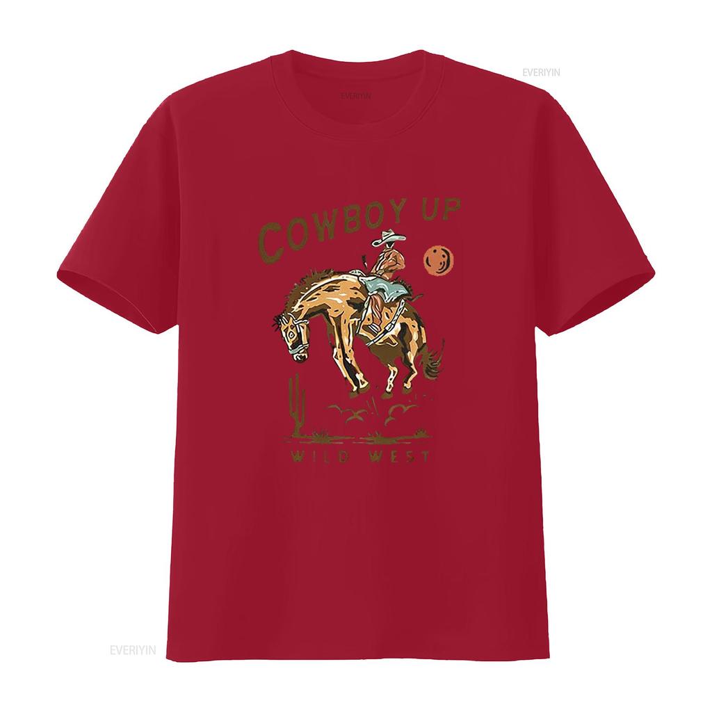 COWBOY UP WILD WEST American Retro Round Neck Womens T Shirt Black X Large vintage Washed Stretched Top For Everyday Wear