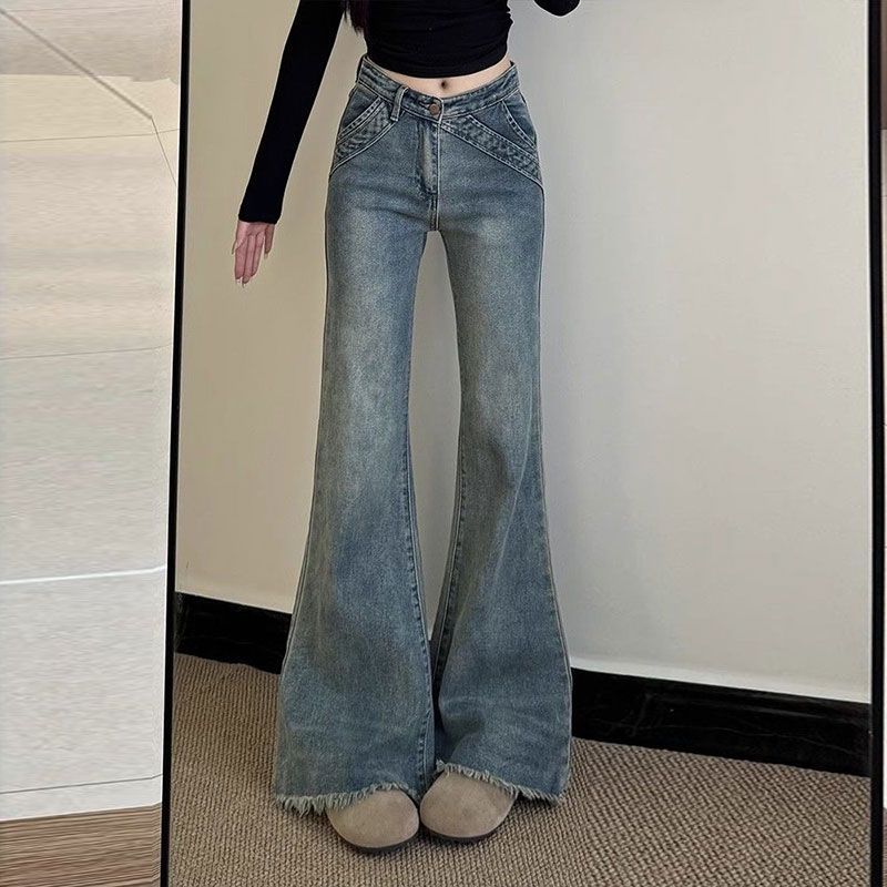 Design Sense Nostalgia High Waist Micro Flare Jeans Female Summer Thin Section of The Raw Edge Skinny Flare Pants Female Retro Jeans for Ladies