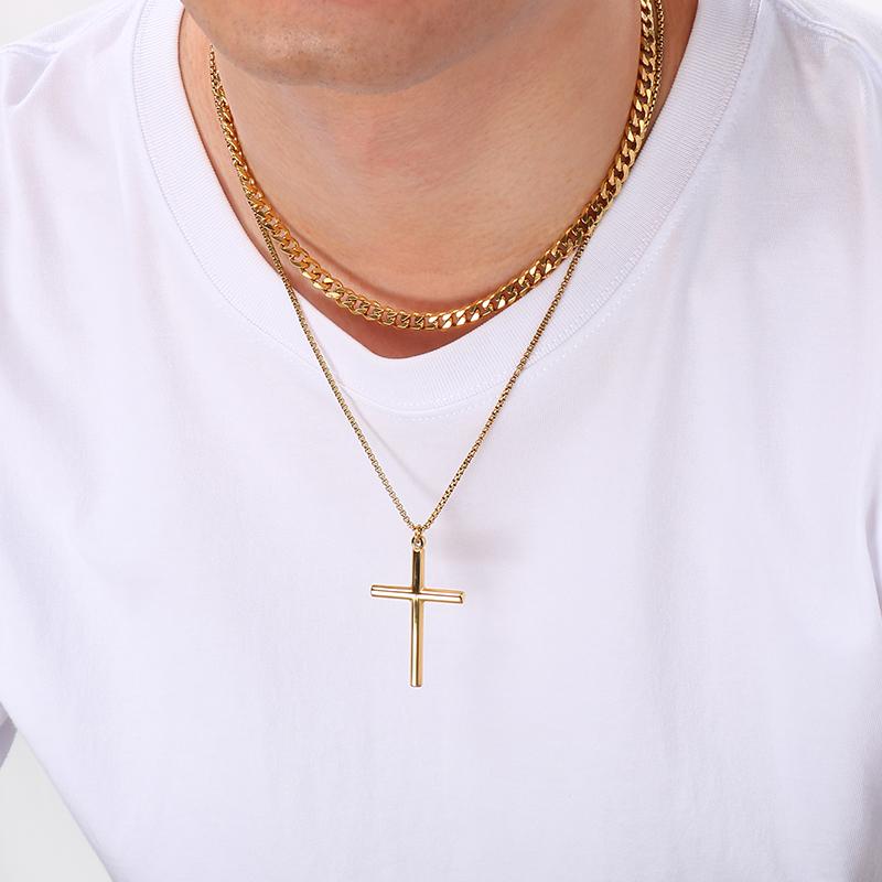 Double-Layer Stainless Steel Cross Pendant Necklaces for Men Metal Chain Religious Design Trendy Jewelry Daily Golden Accessory