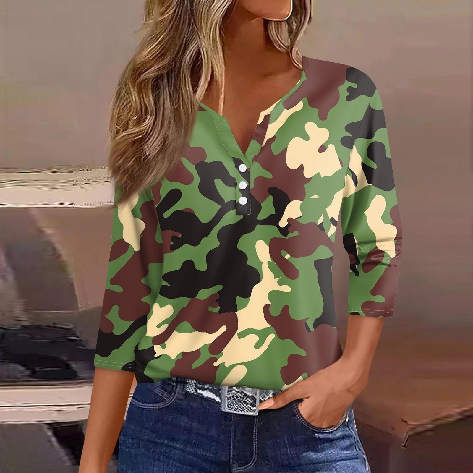 

Жен. Футболка Футболка С принтом Пуговицы Рукав 3/4 Повседневные Выходные Мода Классический Классический V-образный вырез Обычный Верх S зелёный