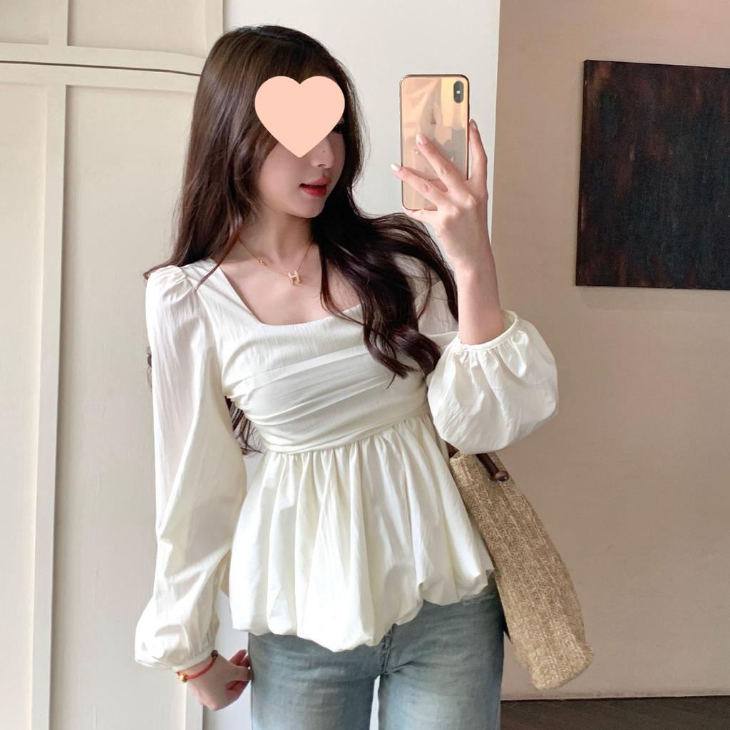 Plus Size Korean Style Babydoll Square Neck Top - Slimming Long Sleeve Shirt for Women