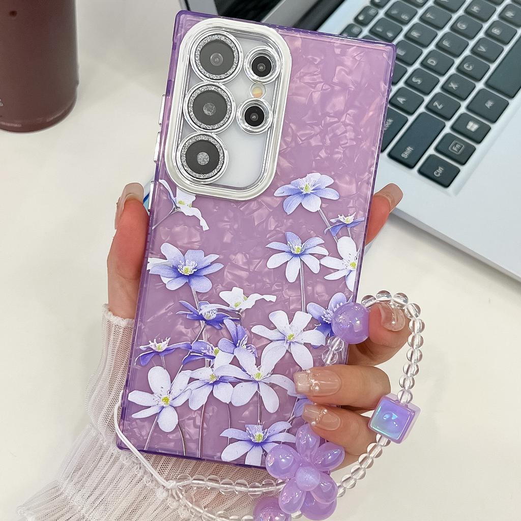 Suitable for Samsung S25 Ultra Mobile Phone Case Electroplated Flower and Grass S24FE with Bracelet Flash Powder Lens Film A56 Protective Case
