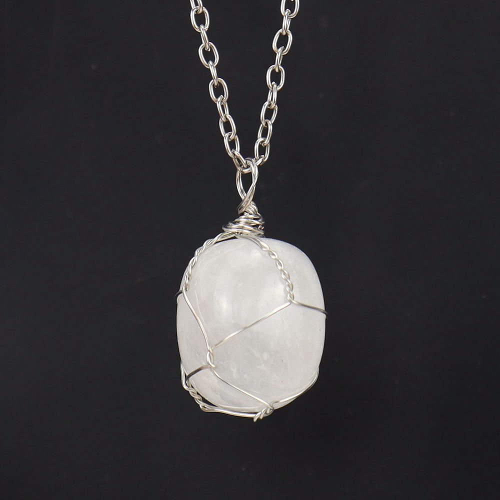 Handmade Silver Wire Winding Irregular Conformal Natural Stone Crystal Rough Stone Pendant Necklace N670