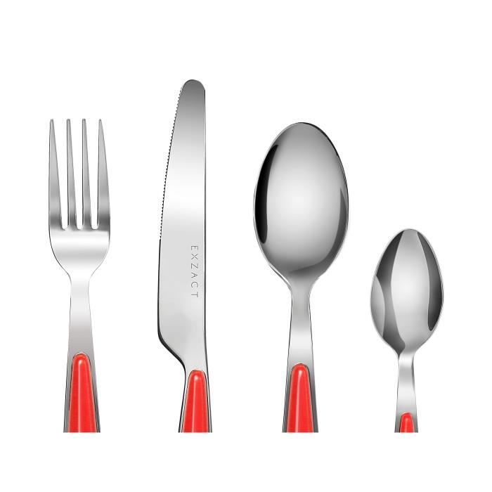 EXZACT Couverts en Inox 24 PIÈCES - poignées de couleur - 6 x Fourchettes, 6 x Couteaux, 6 x Cuillères, 6 x Cuillère à café (Rouge )