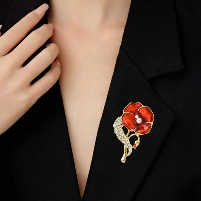 Elegant Rhinestone Poppy Flower Brooch - Inspired by British Royal Style