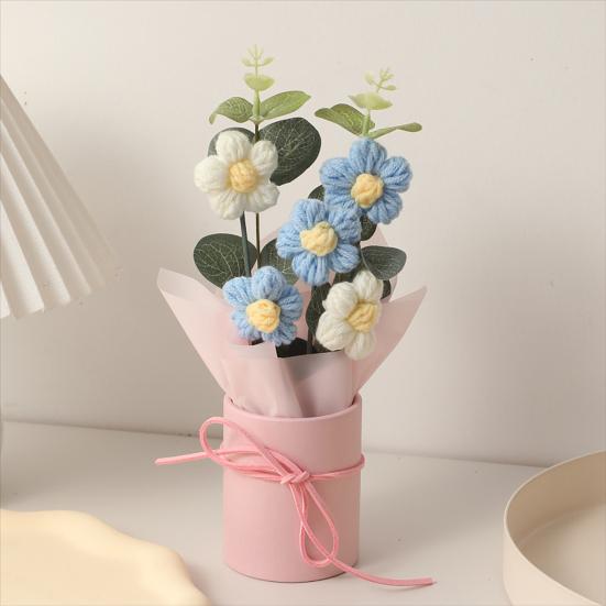 Crochet Flower Bouquet with LED Light Strip Handmade Knitting Yarn Floral Decoration Home Office Table Centerpiece Mother's Day Birthday Gift