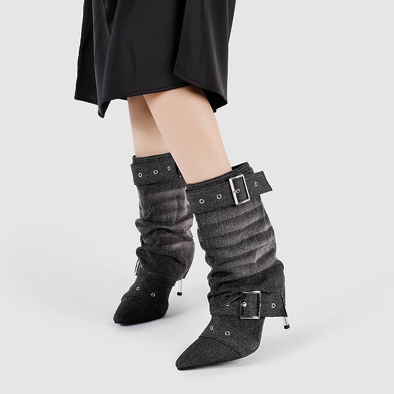 Fashion Retro Denim Rivet Strap Buckle Women Mid-calf Boots Fashion Pleated Design High Heels Autumn Winter Western Cowboy Boots Shoes