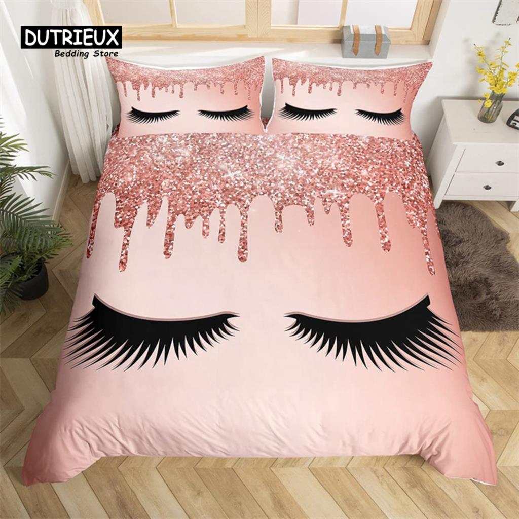 Eyelash Duvet Cover Set Eyes Pattern Design Comforter Cover Microfiber Girly Priness Style Glitter Twin King Queen Bedding Set