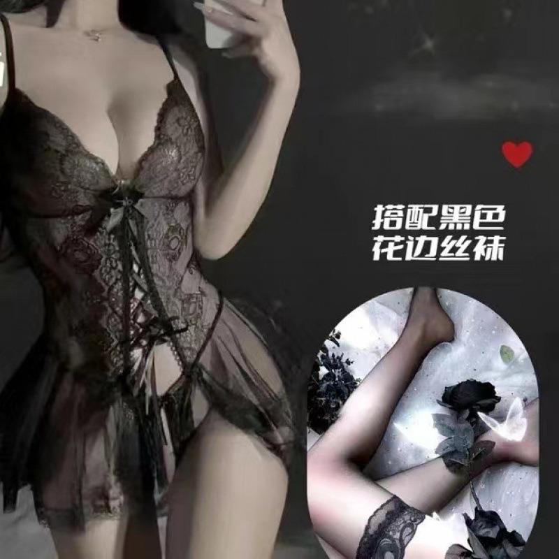Smoke Sexy Underwear Sexy Suspender Lace Temptation Onesie Skirt Open File Hollow Uniform Pajamas Mesh Nightdress
