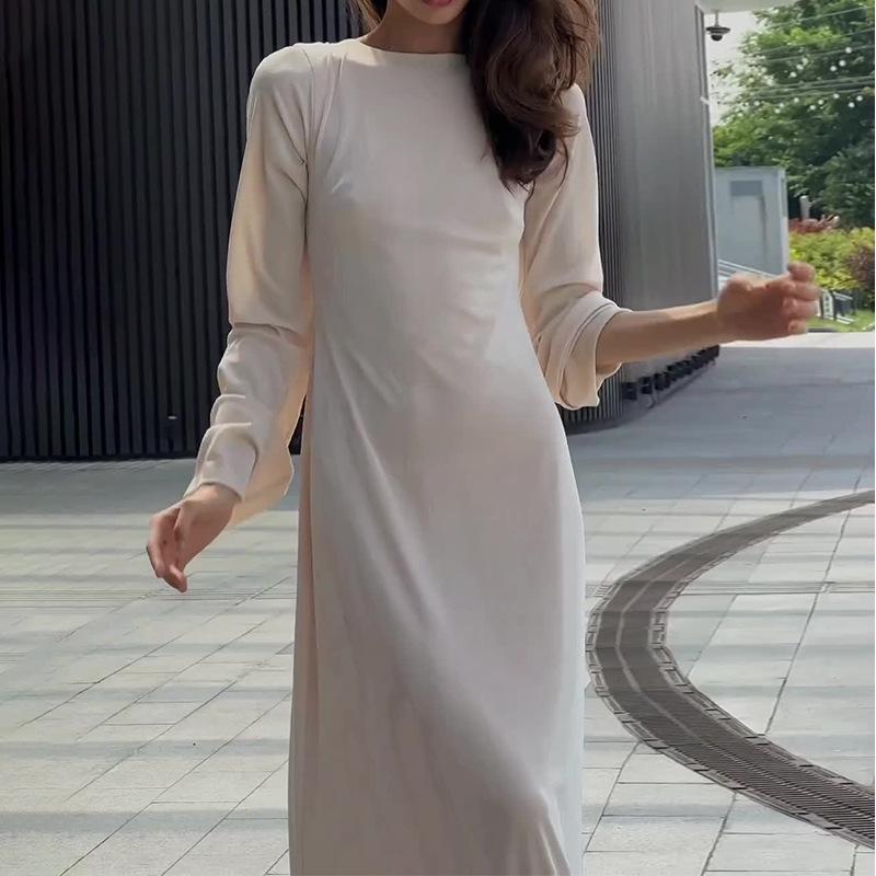 Robe d'été pour femmes 2024, couleur unie, manches longues, cintrée à la taille, style français