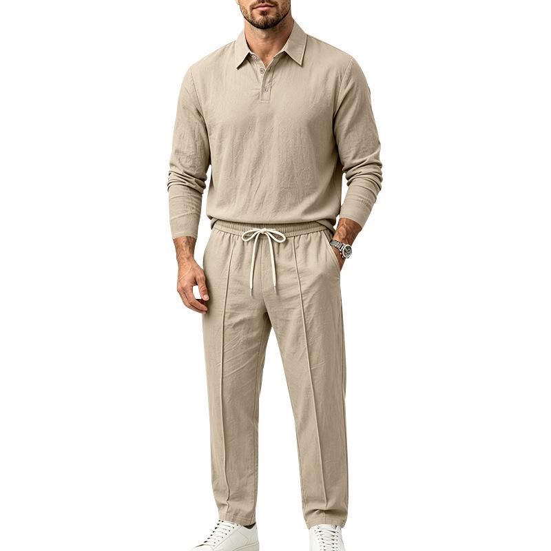 Grenzüberschreitender Herren-Leinen-Langarm-Poloshirt und Gerade Hosenanzug