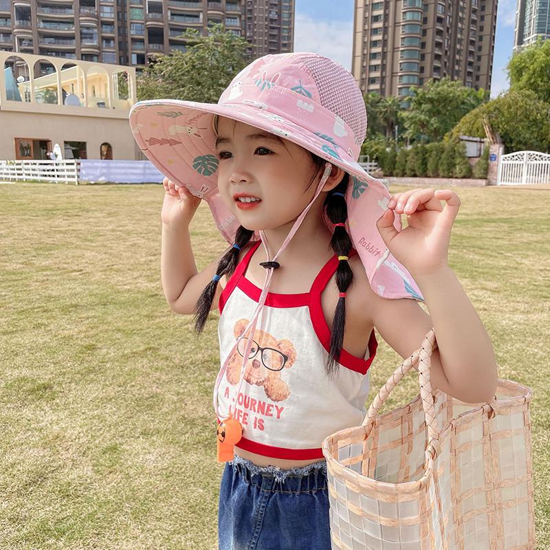 Anti Uv Kids Summer Baby Sun Hat Printed Whistle Shawl Hat For Girls Boys Outdoor Neck Ear Cover Beach Cap