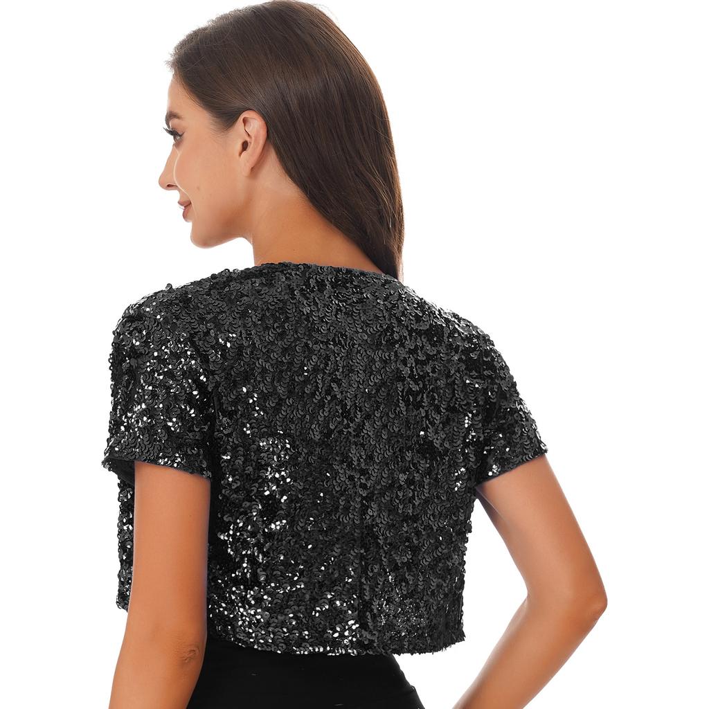 Women Sequin Cropped Jacket Glitter Waistcoat Cardigan Style Shiny Outerwear Stage Performance Costume Top