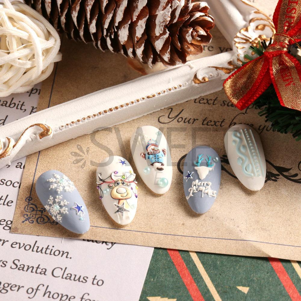 5D reliéfní vánoční samolepky na nehty obtisky sněhové vločky jelení zvonky mušle hvězdice zimní dekorace na nehty