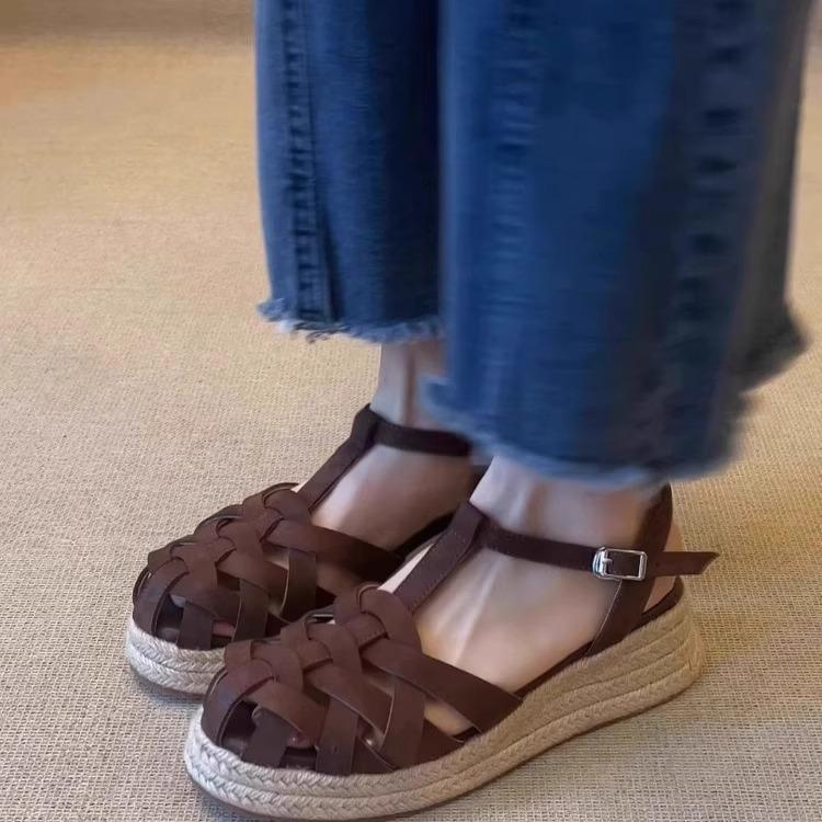 

Sheepskin version~ 2025 new summer retro style cross with bag head wedge heel not tired feet Roman sandals outer wear women 40 темно-коричневого