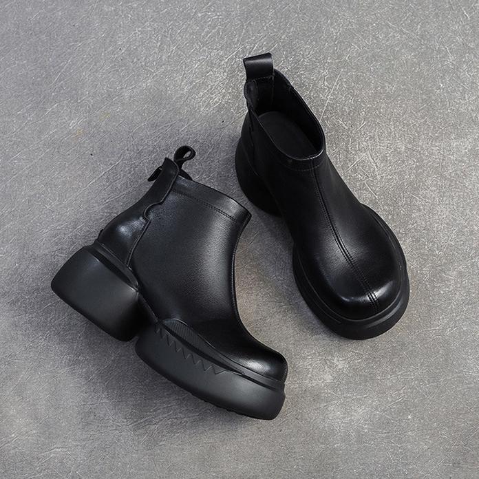 Johnature Plush Warm Thick Soled Short Boots Genuine Leather Round Toe Versatile Comfortable Women's Shoes