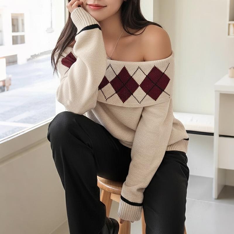 New Diamond-shaped Casual and Laid-back Lapel One-shoulder Pullover Knitted Sweater for Women In Autumn and Winter