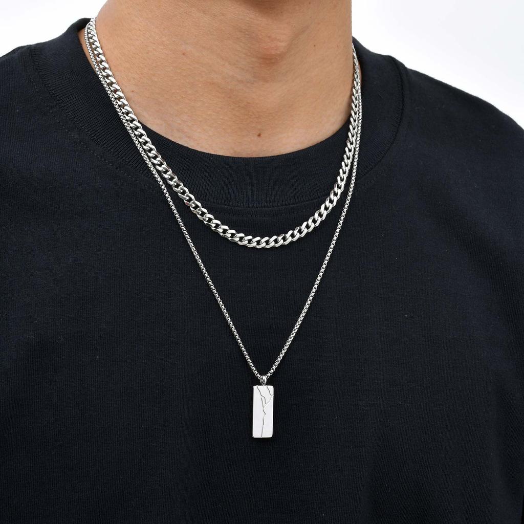 Stainless Steel Punk Cracked Square Pendant Necklace for Men, Minimalist Hip Hop Geometric Necklace Box Chain, Fashion Jewelry