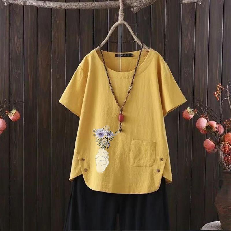 2025 Summer Nordic Flower Print V-neck Cotton Hemp Women's T-shirt - Ideal for Everyday Wear