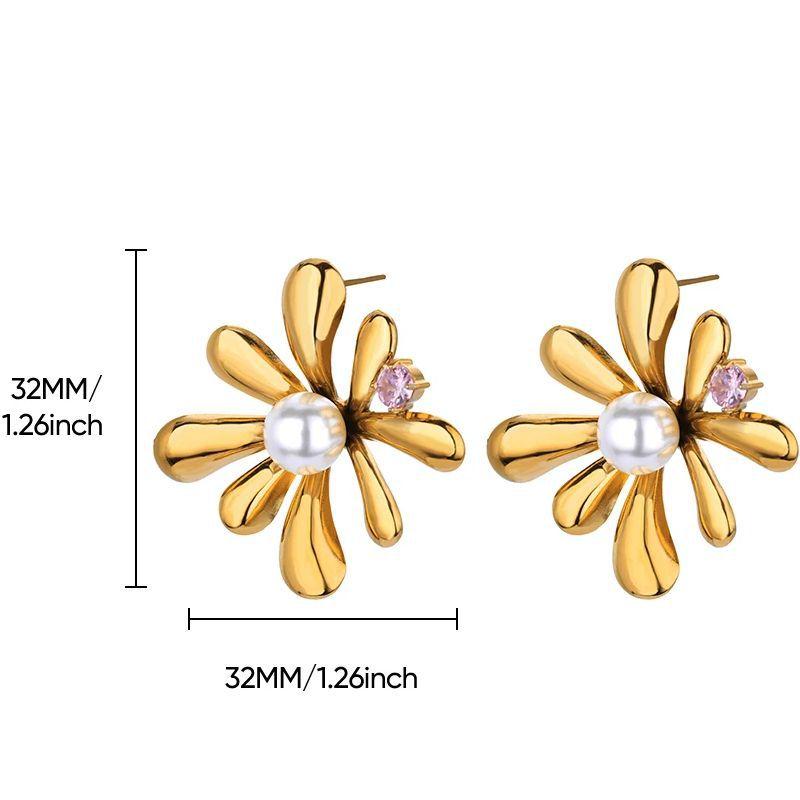Fashion Exaggerated Starfish Flower Earrings Women's K Gold Plated Stainless Steel Gold Plated Pearl Inlaid Oil Pressure Earrings