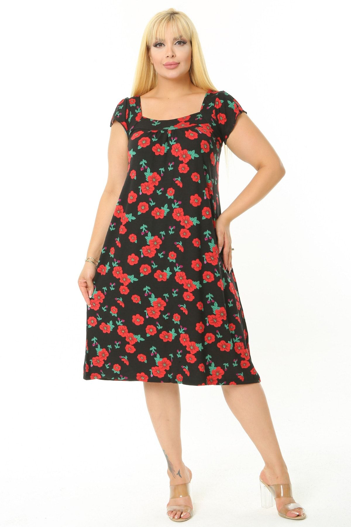 

Women s Big Size Dress Plus Size Poppy Pattern Back Tie Midi Dress