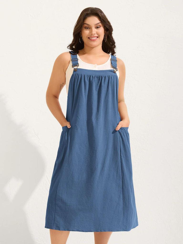 Plus Size Women's Cotton Pleated Suspender Dress with Pockets - Casual and Slimming Fit