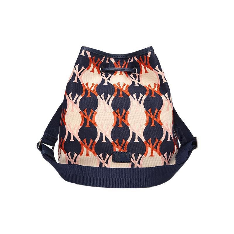 New MLB Monogram Collection Canvas Combo Bag Bucket Bag Handbag Shoulder Bag Crossbody Bag Regular Unisex Dark Marine Blue 3ABML012N