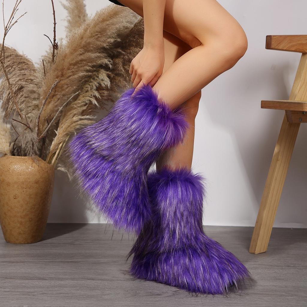 New Color Plush Medium Tube Snow Boots Women's Large Size Fluffy Women's Boots Sizes 36-44