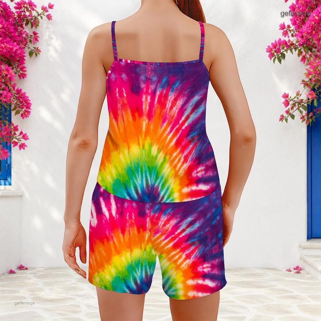 Women Plus Size Scoop Neck Strappy Tank Top Floral Printed Navy Blue Two Piece Shorts Set