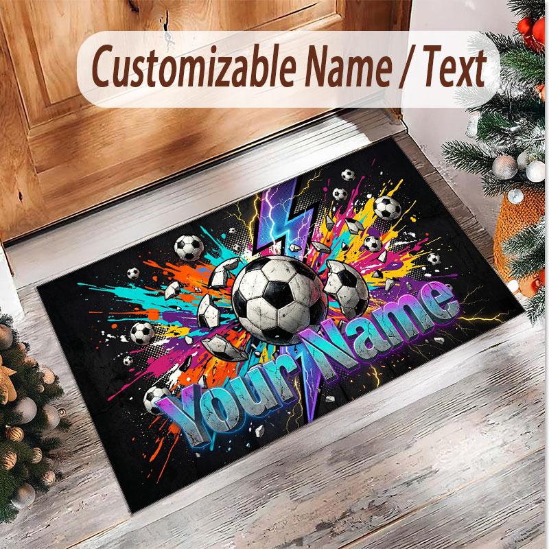 Alfombra de Terciopelo de Cristal Suave con Temática de Fútbol Impresión Personalizada de Nombre y Texto Alfombra de Suelo Antideslizante para Dormitorio Sala de Estar