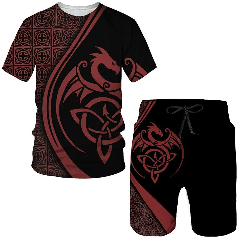Sommer Herren T-Shirts + Shorts mit Drachenlord-Muster, 2-teiliges Outfit, lässige Shorts-Sets, 3D-Druck, coole Herrenkleidung, O-Ausschnitt, Trainingsanzug